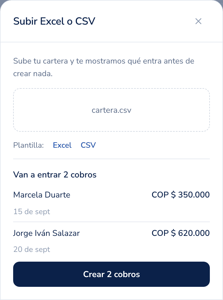 Previsualización del Excel antes de crear los cobros